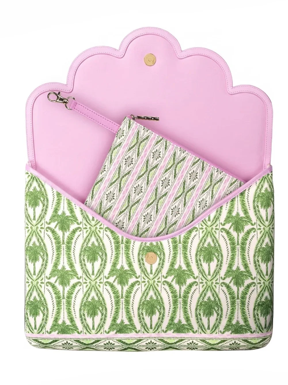 New Lilly Pulitzer Green Palm Print Scalloped Laptop Sleeve & Pouch Bag & Pink